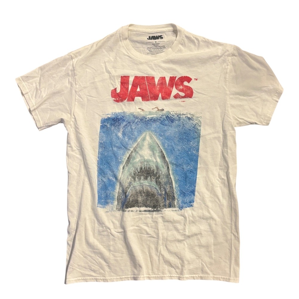 Jaws Movie Graphic T-Shirt Mens Medium White Short Sleeve Shark Poster Film Tee
